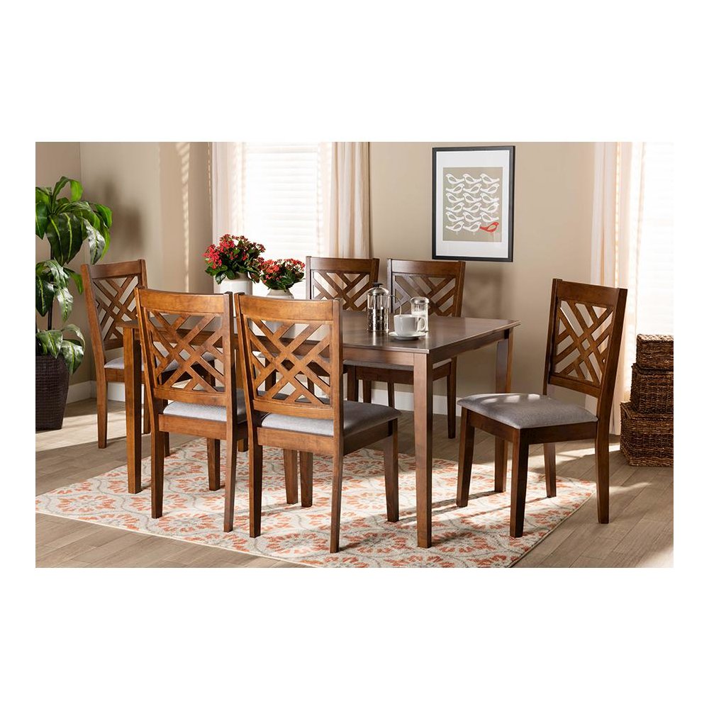 Grey Fabric Upholstered and Walnut Brown Finished Wood 7-Piece Dining Set