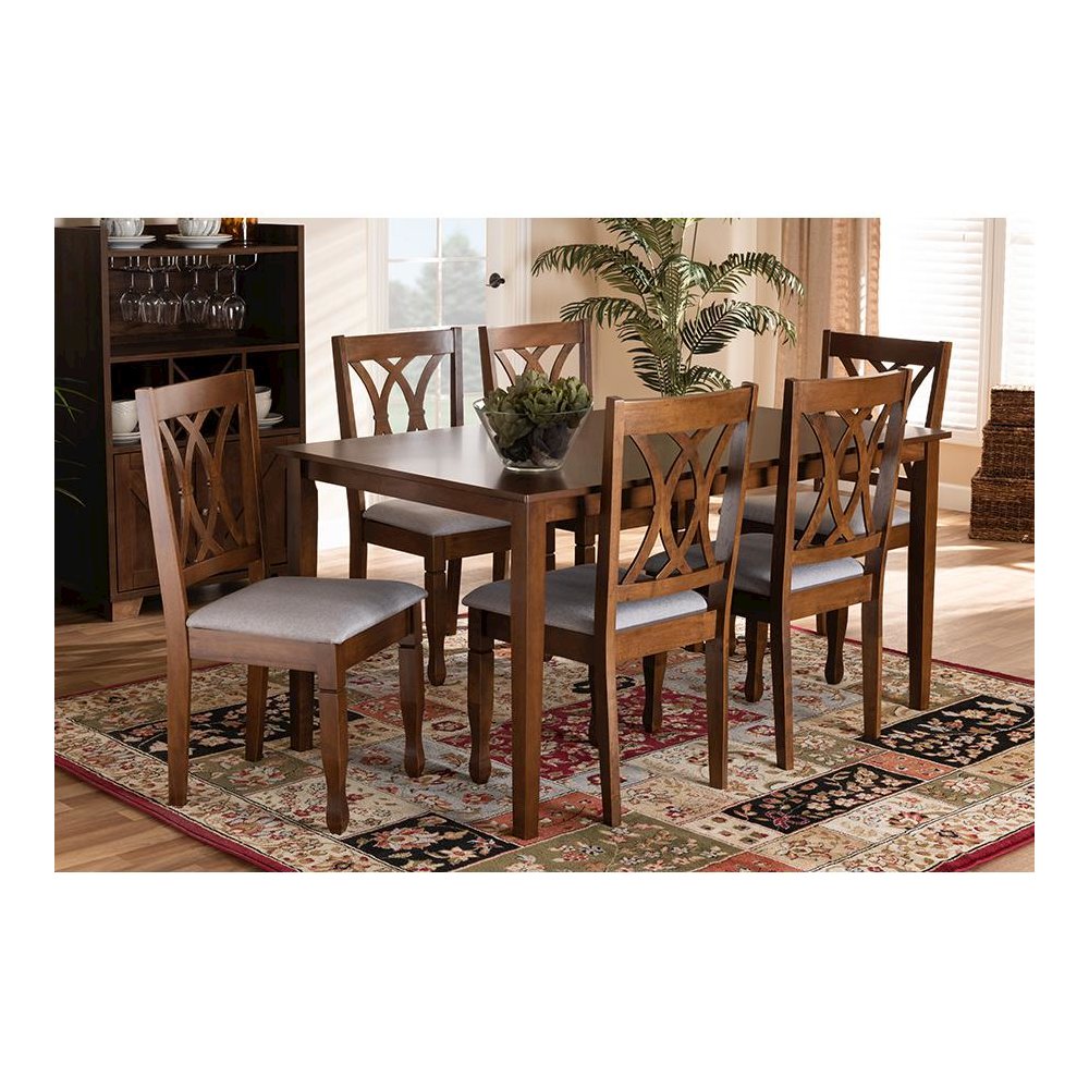 Grey Fabric Upholstered and Walnut Brown Finished Wood 7-Piece Dining Set