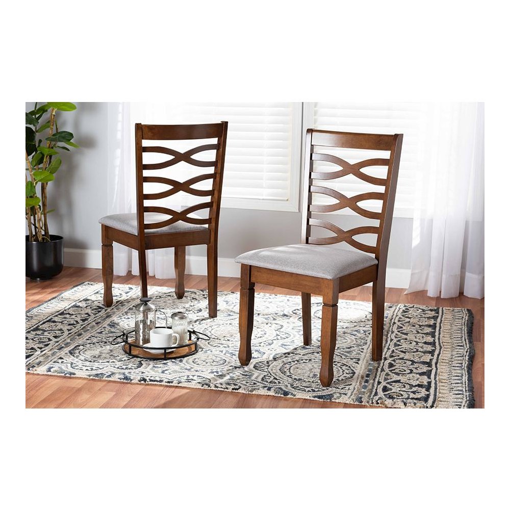 Grey Fabric Upholstered and Walnut Brown Finished Wood 2-Piece Dining Chair Set