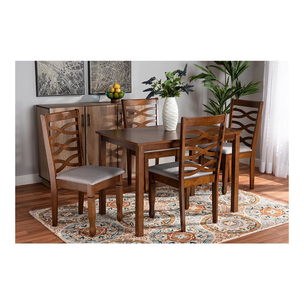 Grey Fabric Upholstered and Walnut Brown Finished Wood 5-Piece Dining Set