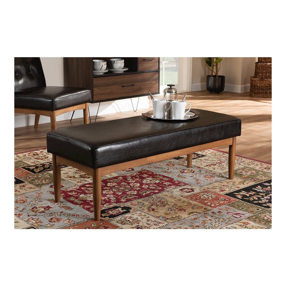 Arvid Mid-Century Modern Dark Brown Faux Leather Upholstered Wood Dining Bench