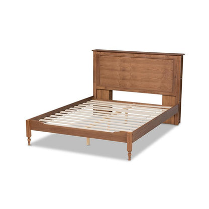 Walnut Brown Finished Wood Queen Size Platform Storage Bed with Built-In Shelves