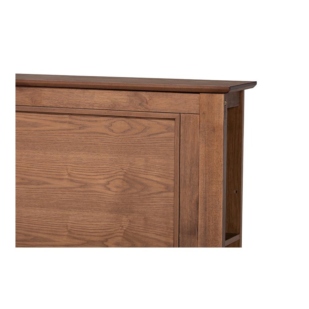 Walnut Brown Finished Wood Queen Size Platform Storage Bed with Built-In Shelves