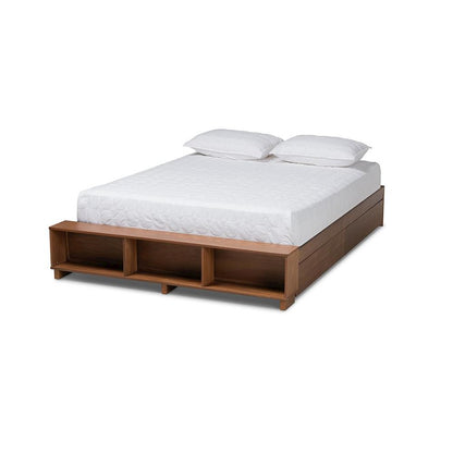 Walnut Brown Finished Wood Queen Size Platform Bed with Built-In Shelves