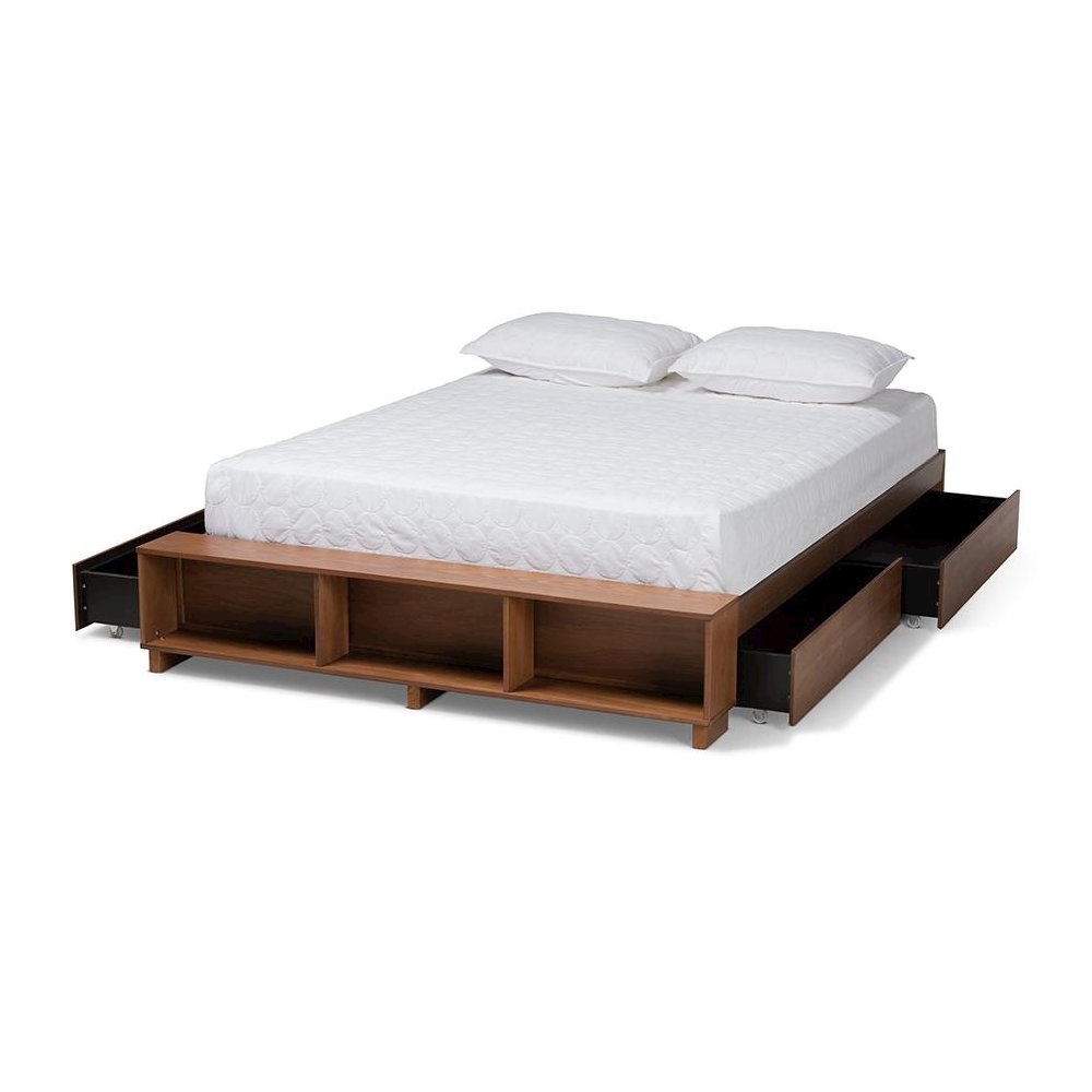 Walnut Brown Finished Wood Queen Size Platform Bed with Built-In Shelves