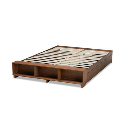 Walnut Brown Finished Wood Queen Size Platform Bed with Built-In Shelves