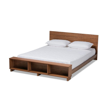 Walnut Brown Finished Wood Queen Size Platform Storage Bed with Built-In Shelves
