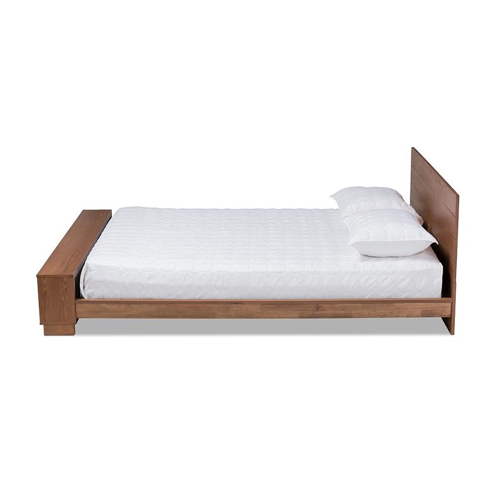 Walnut Brown Finished Wood Queen Size Platform Storage Bed with Built-In Shelves
