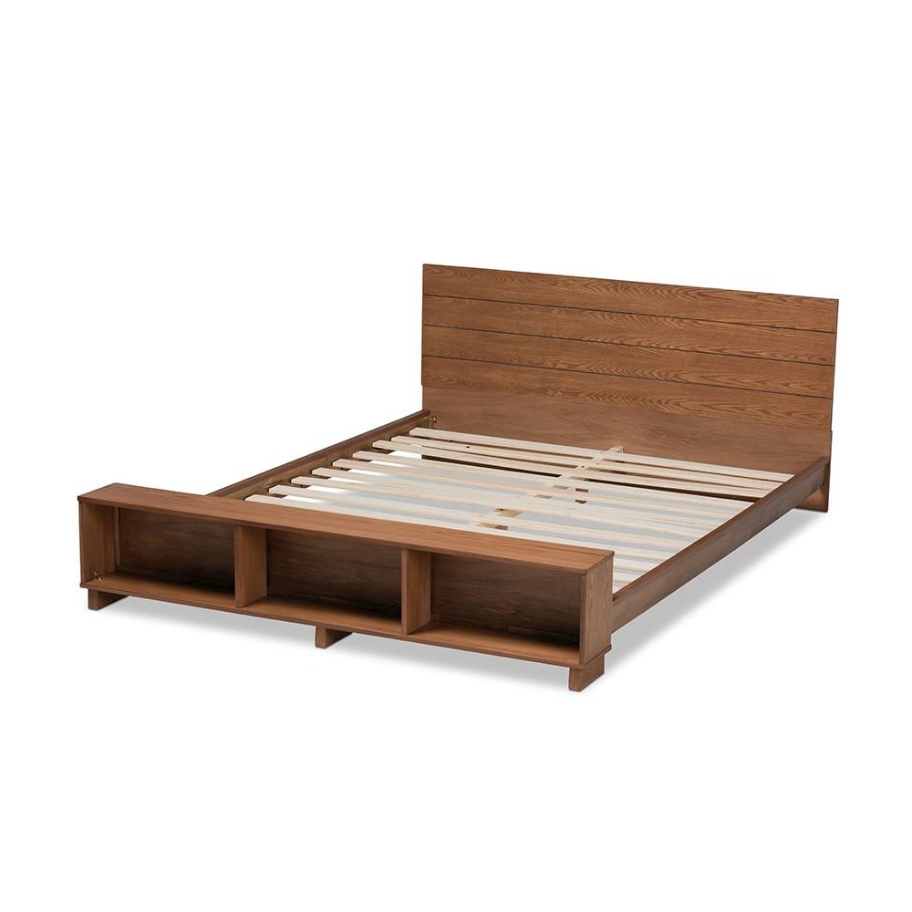 Walnut Brown Finished Wood Queen Size Platform Storage Bed with Built-In Shelves