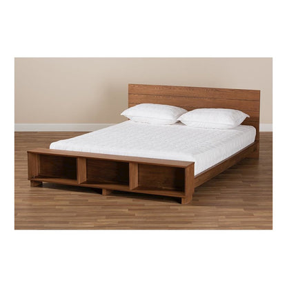 Walnut Brown Finished Wood Queen Size Platform Storage Bed with Built-In Shelves