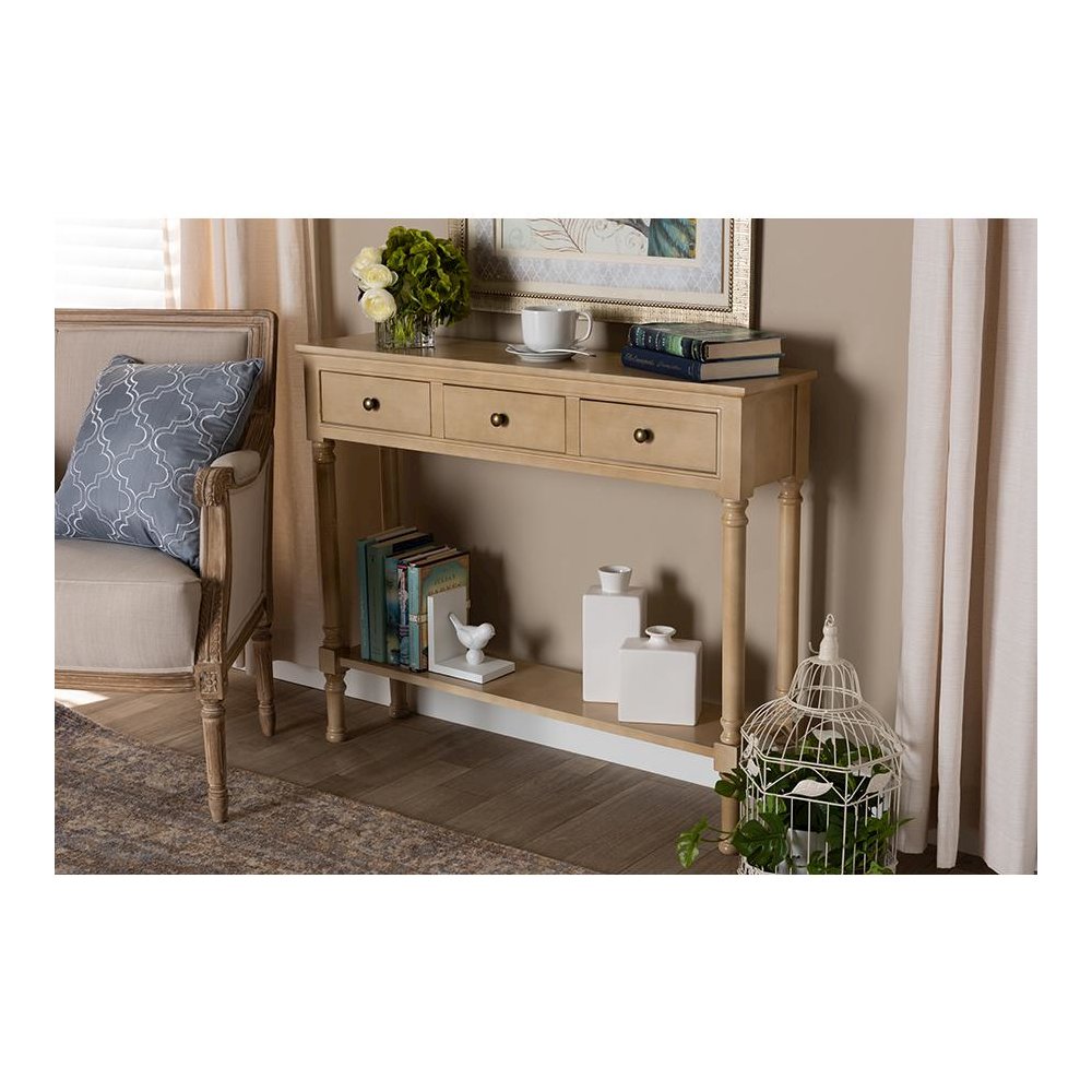 Farmhouse Oak Brown Finished Wood 3-Drawer Entryway Console Table