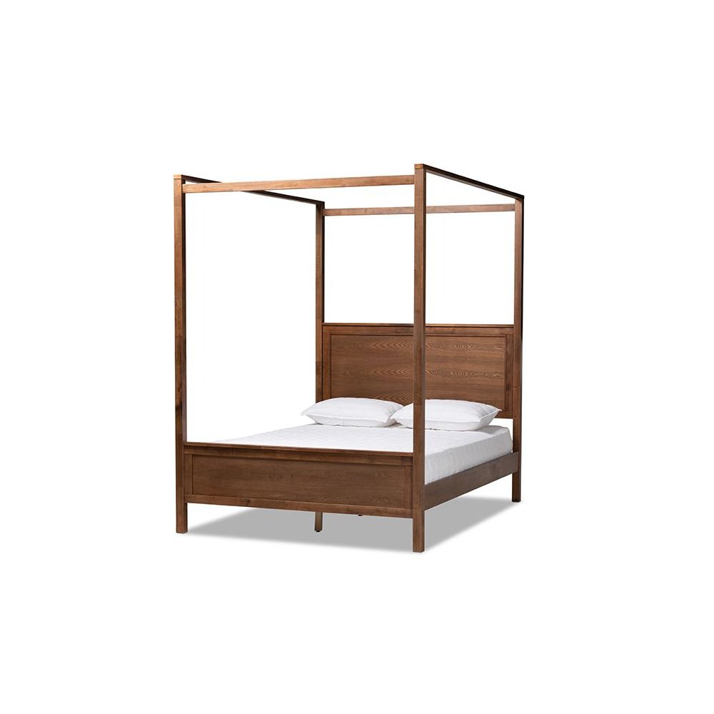 Walnut Brown Finished Wood King Size Platform Canopy Bed