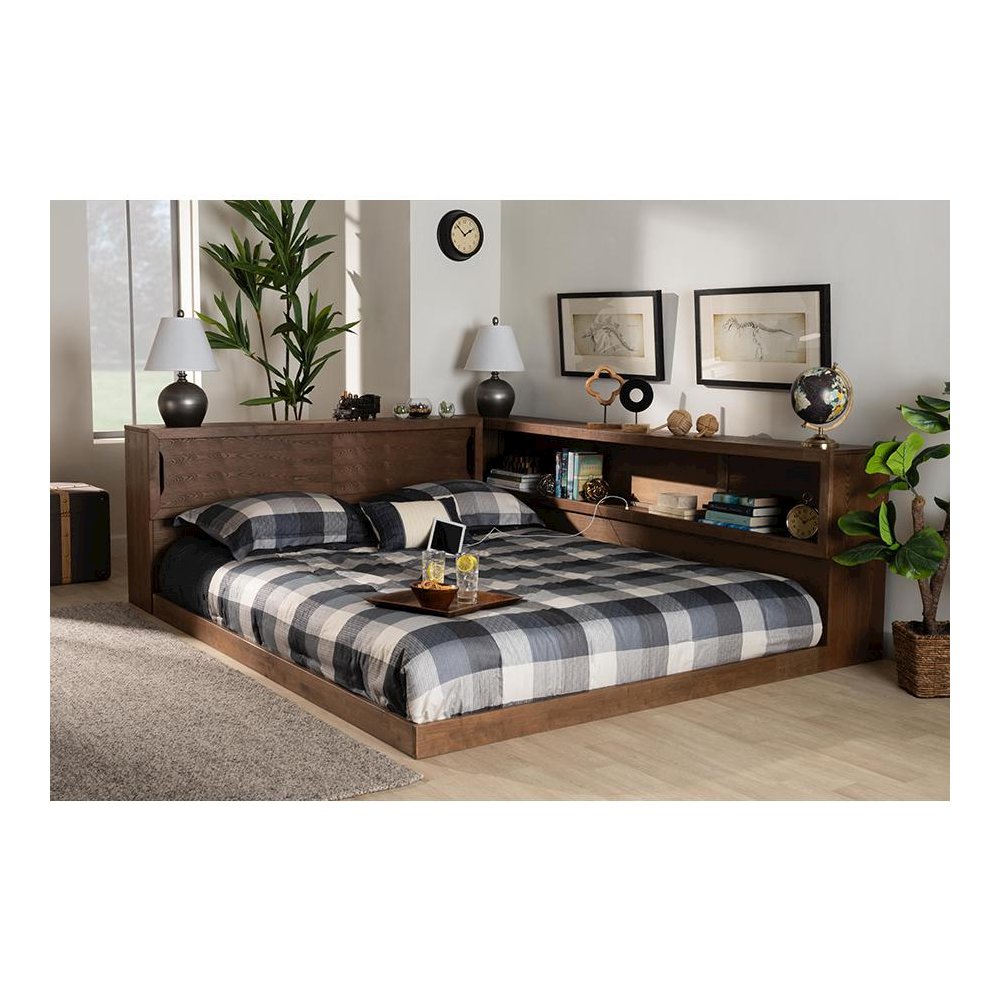 Brown Finished Wood Queen Size Platform Storage Bed with Built-In Outlet