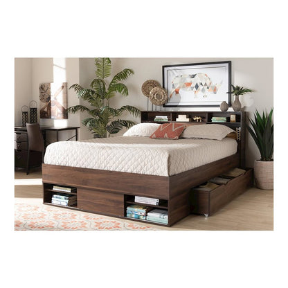 Walnut Brown Finished Wood 1-Drawer Queen Size Platform Storage Bed with Shelves