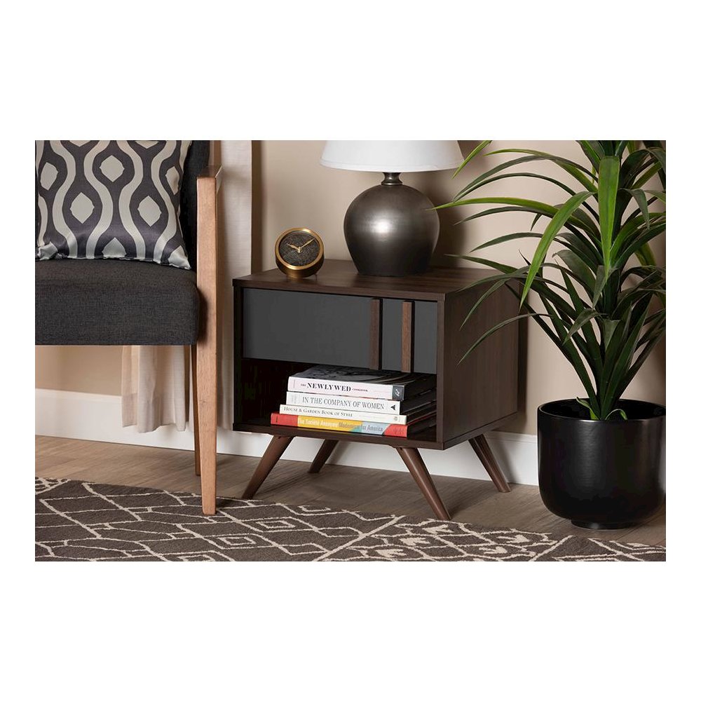 Two-Tone Grey and Walnut Finished Wood 1-Drawer Nightstand