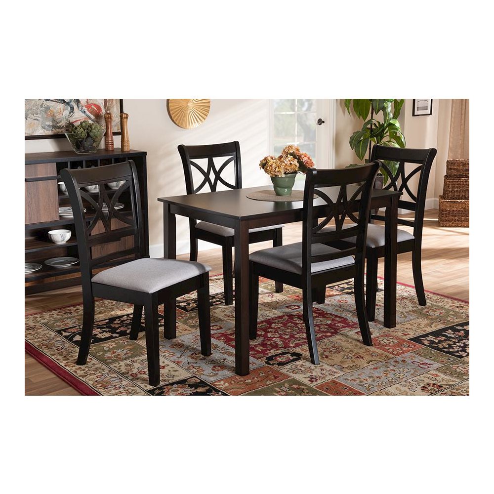 Grey Fabric Upholstered and Espresso Brown Finished Wood 5-Piece Dining Set