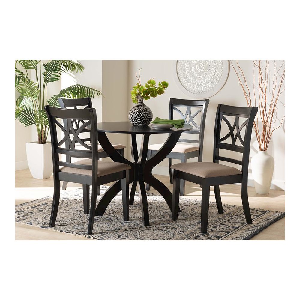 Noemi Modern Beige Fabric and Dark Brown Finished Wood 5-Piece Dining Set