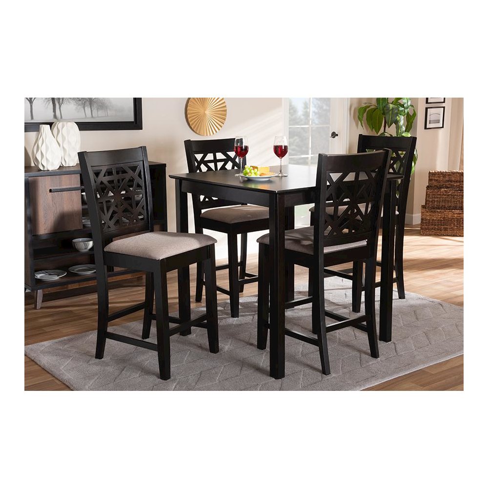 Sand Fabric Upholstered and Espresso Brown Finished Wood 5-Piece Pub Dining Set
