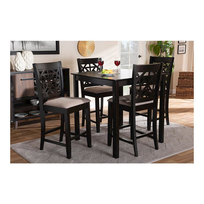Sand Fabric Upholstered and Espresso Brown Finished Wood 5-Piece Pub Dining Set