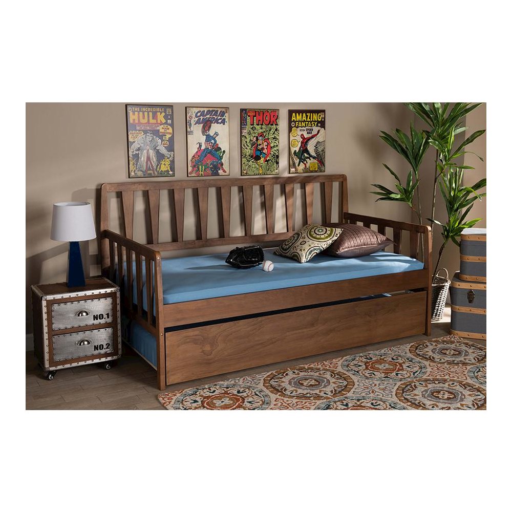 Walnut Brown Finished Wood Twin Size Daybed with Roll-Out Trundle Bed