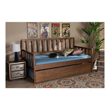 Walnut Brown Finished Wood Twin Size Daybed with Roll-Out Trundle Bed