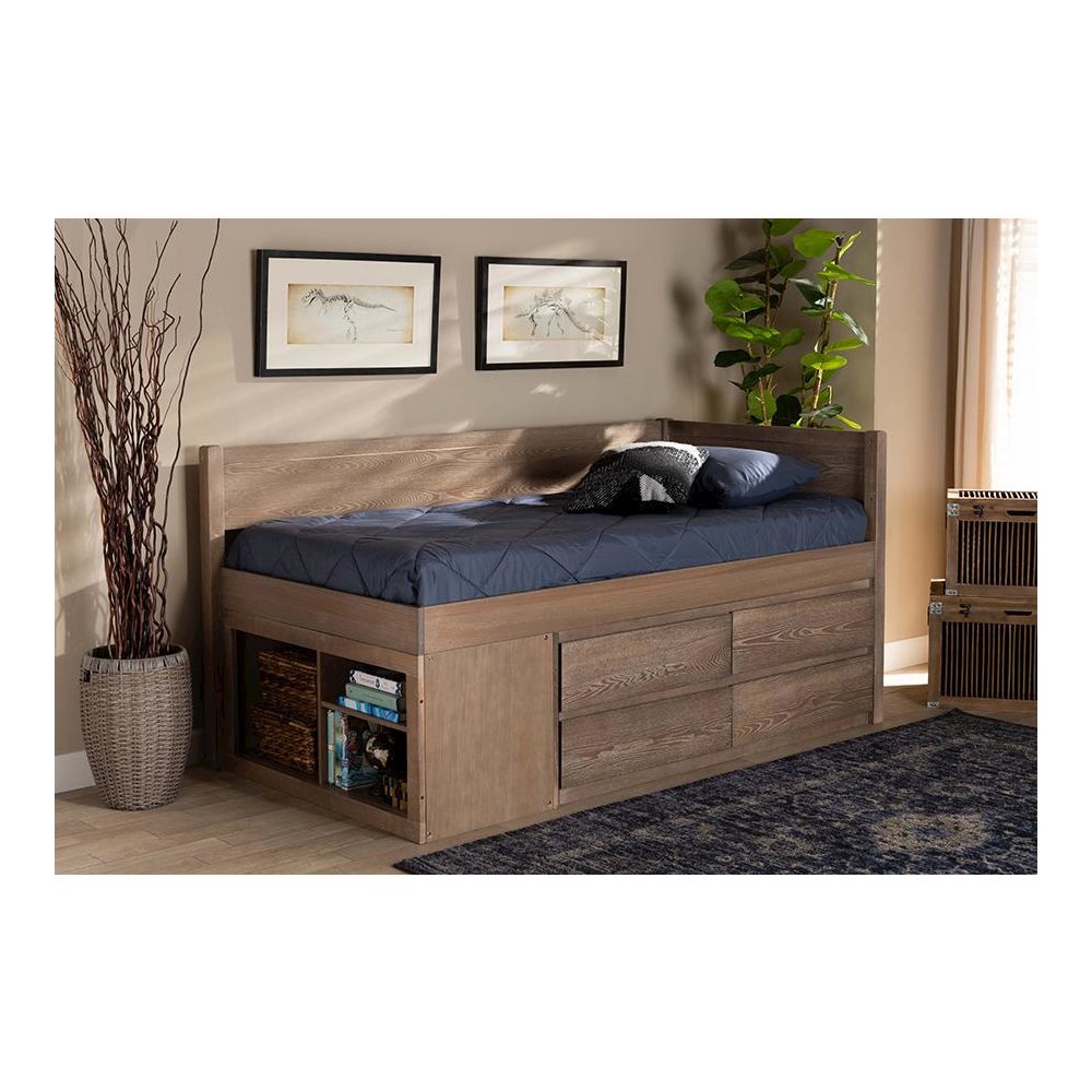 Antique Oak Finished Wood 4-Drawer Twin Size Storage Bed