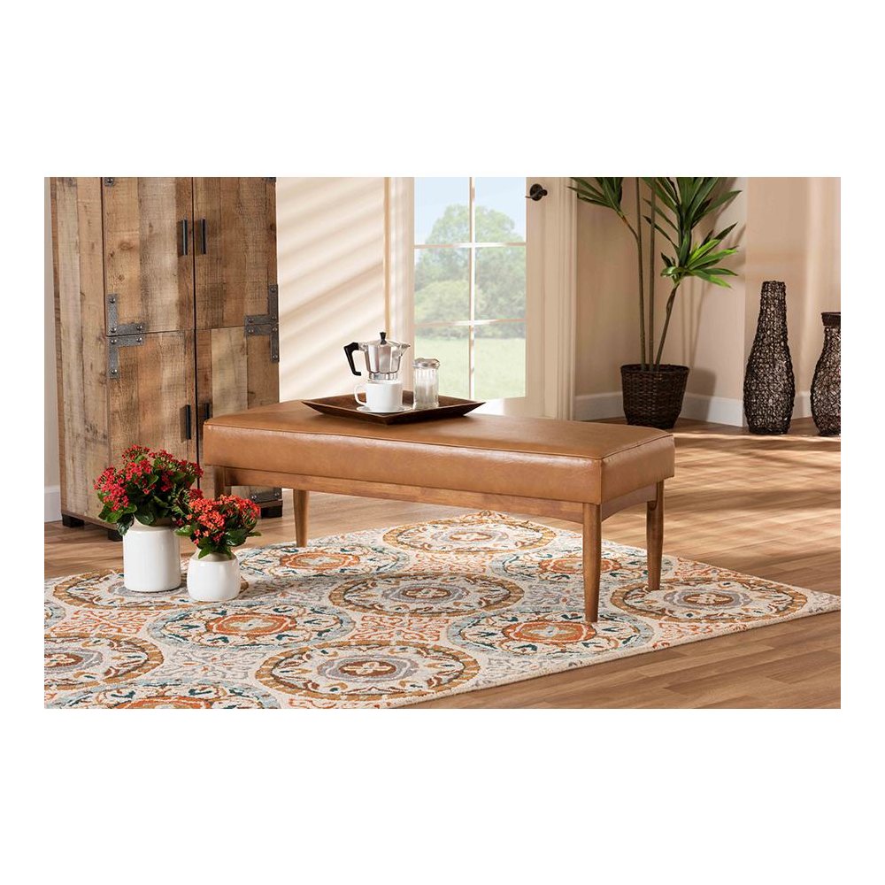 Leather Upholstered and Walnut Brown Finished Wood Dining Bench
