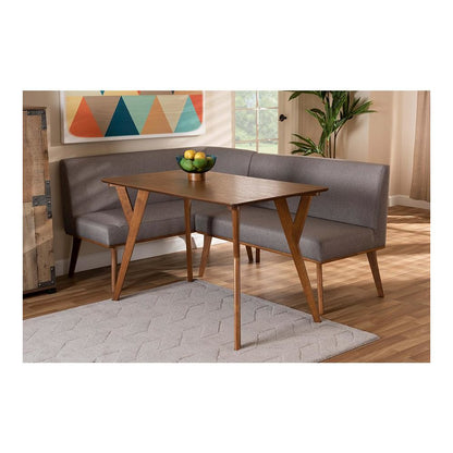 Grey Fabric Upholstered and Walnut Brown Finished Wood 3-Piece Dining Nook Set