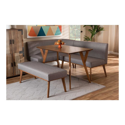 Grey Fabric Upholstered and Walnut Brown Finished Wood 4-Piece Dining Nook Set