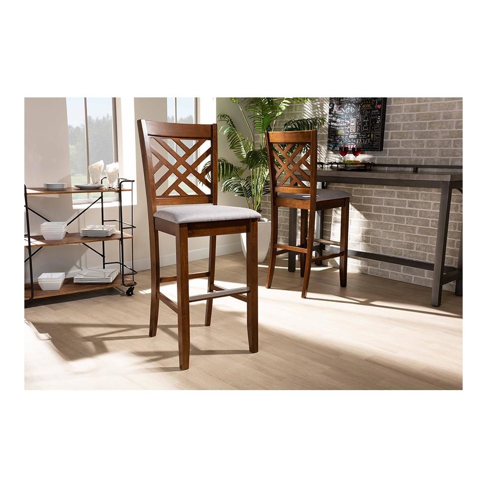 Grey Fabric Upholstered and Walnut Brown Finished Wood 2-Piece Bar Stool Set