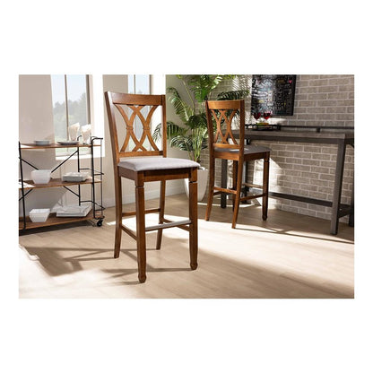 Grey Fabric Upholstered and Walnut Brown Finished Wood 2-Piece Bar Stool Set