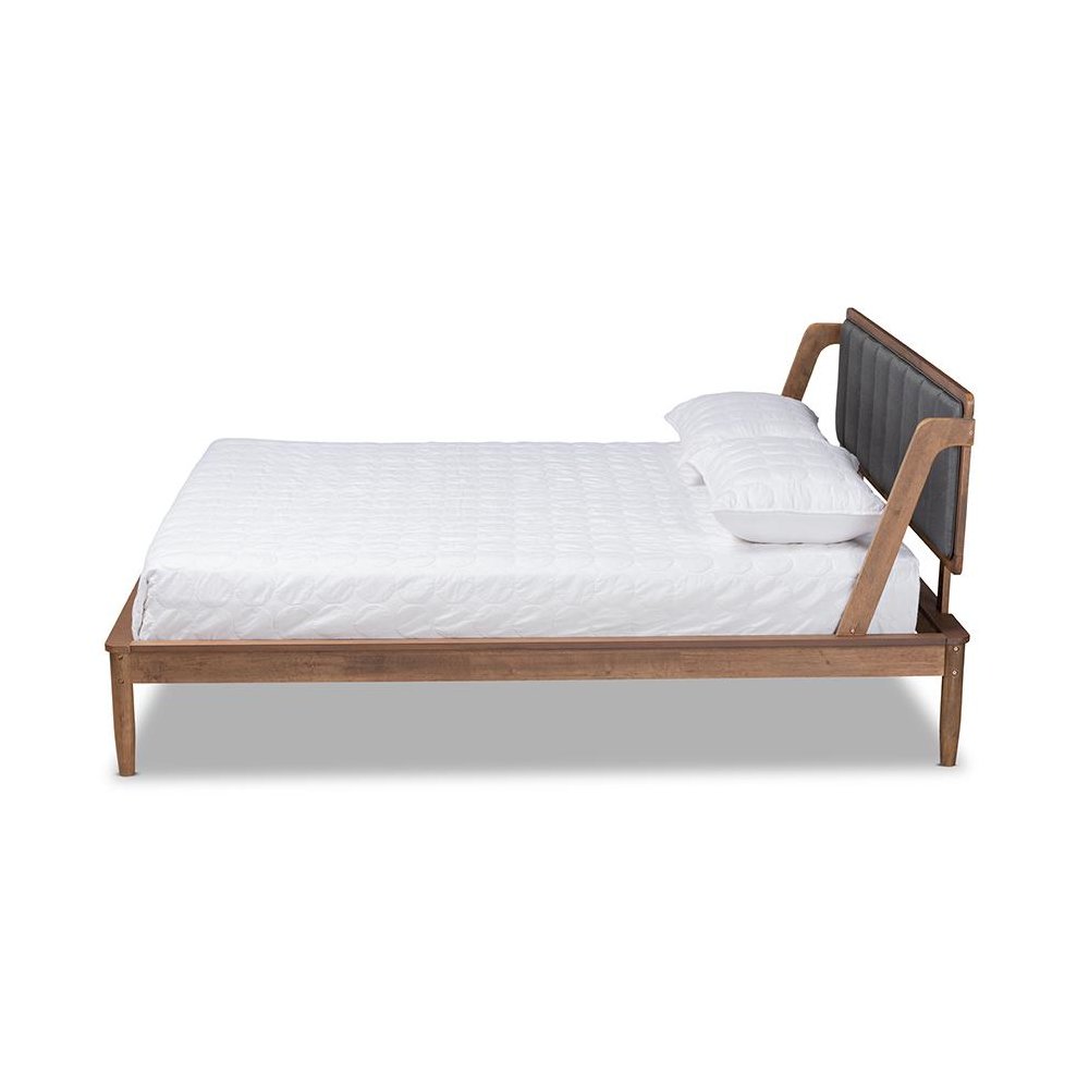 Dark Grey Fabric Upholstered and Walnut Finished Queen Size Platform Bed