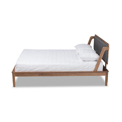 Dark Grey Fabric Upholstered and Walnut Finished Queen Size Platform Bed