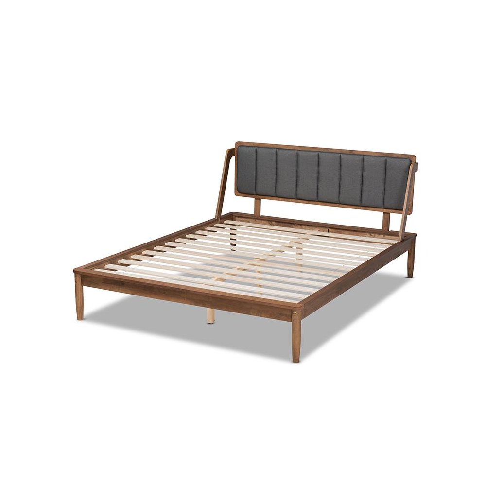 Dark Grey Fabric Upholstered and Walnut Finished Queen Size Platform Bed