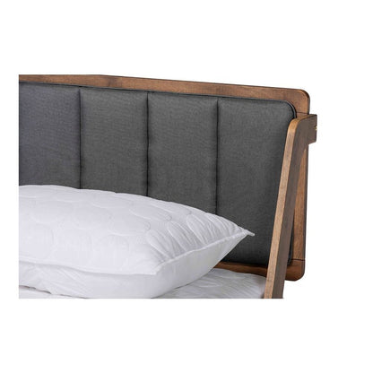 Dark Grey Fabric Upholstered and Walnut Finished Queen Size Platform Bed