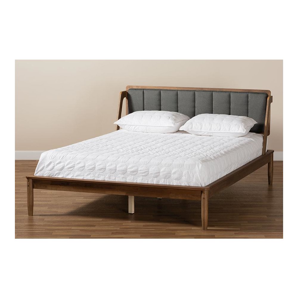 Dark Grey Fabric Upholstered and Walnut Finished Queen Size Platform Bed
