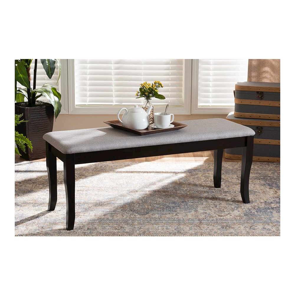 Transitional Grey Fabric Upholstered and Dark Brown Finished Wood Dining Bench
