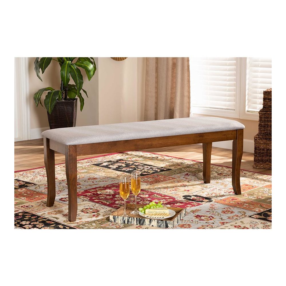 Transitional Grey Fabric Upholstered and Walnut Brown Finished Wood Dining Bench