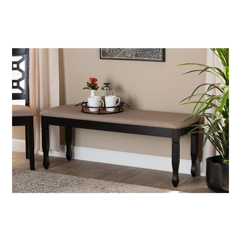 Sand Fabric Upholstered and Dark Brown Finished Wood Dining Bench