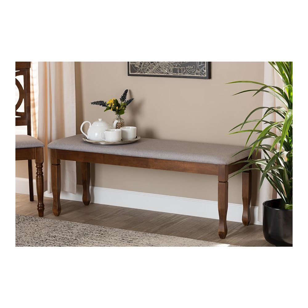 Grey Fabric Upholstered and Walnut Brown Finished Wood Dining Bench