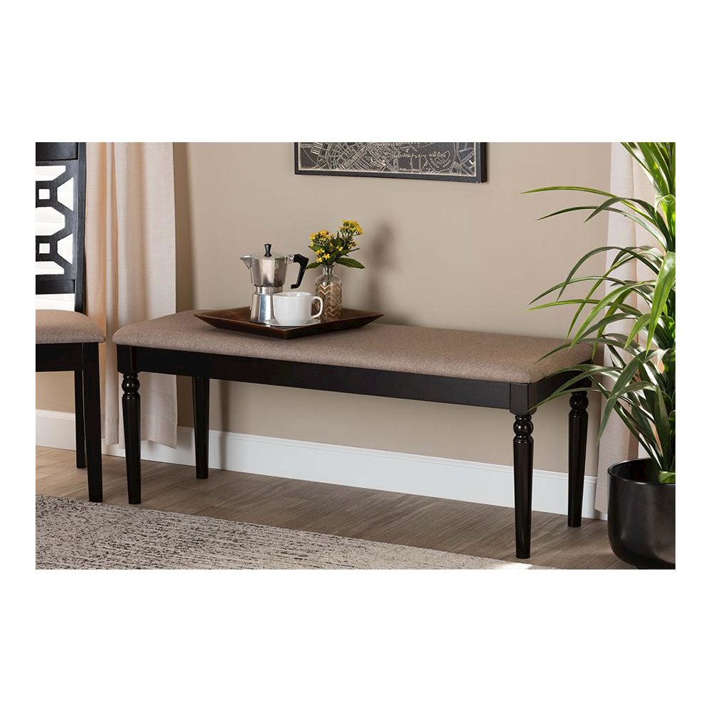 Sand Fabric Upholstered and Dark Brown Finished Wood Dining Bench