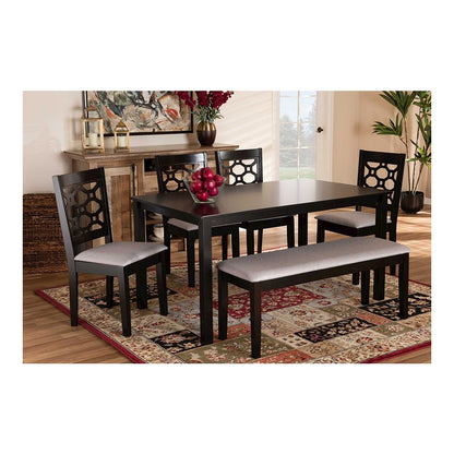 Grey Fabric Upholstered and Dark Brown Finished Wood 6-Piece Dining Set