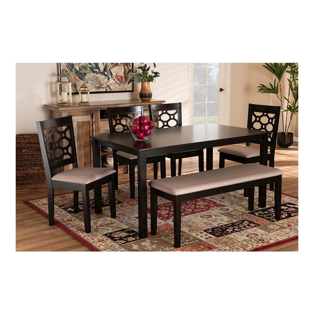 Sand Fabric Upholstered and Dark Brown Finished Wood 6-Piece Dining Set