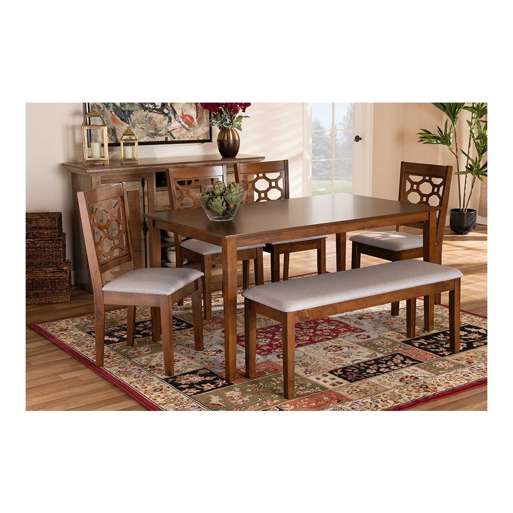 Grey Fabric Upholstered and Walnut Brown Finished Wood 6-Piece Dining Set
