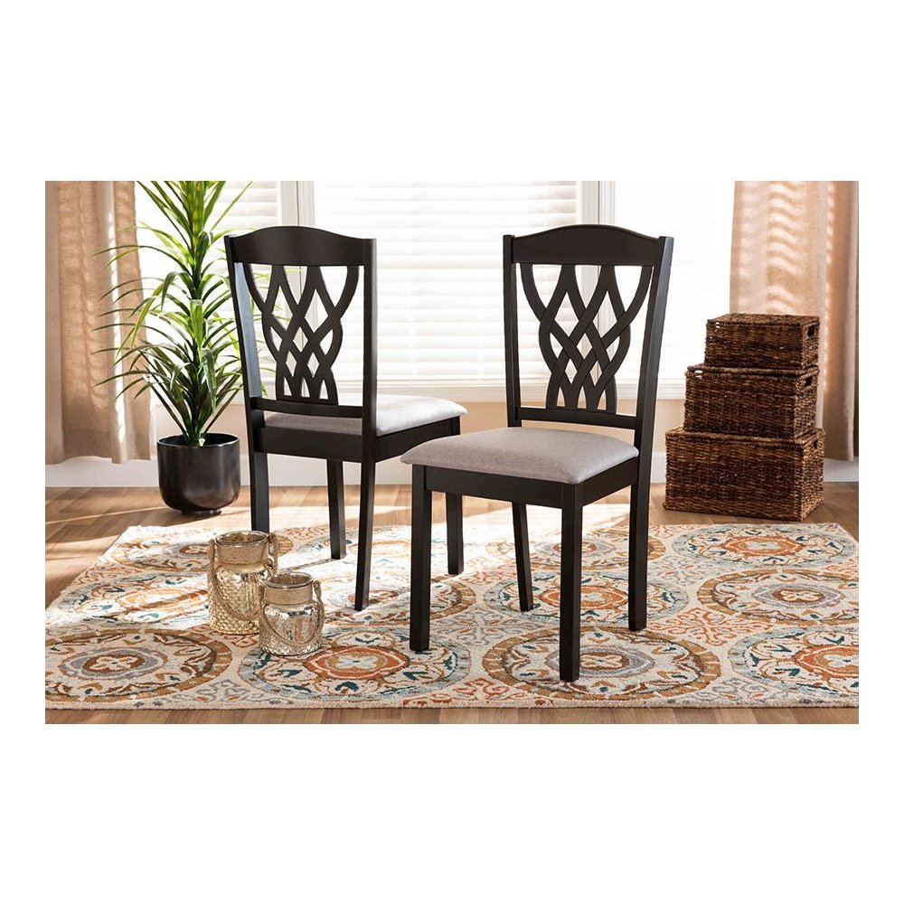 Grey Fabric Upholstered and Dark Brown Finished Wood 2-Piece Dining Chair Set