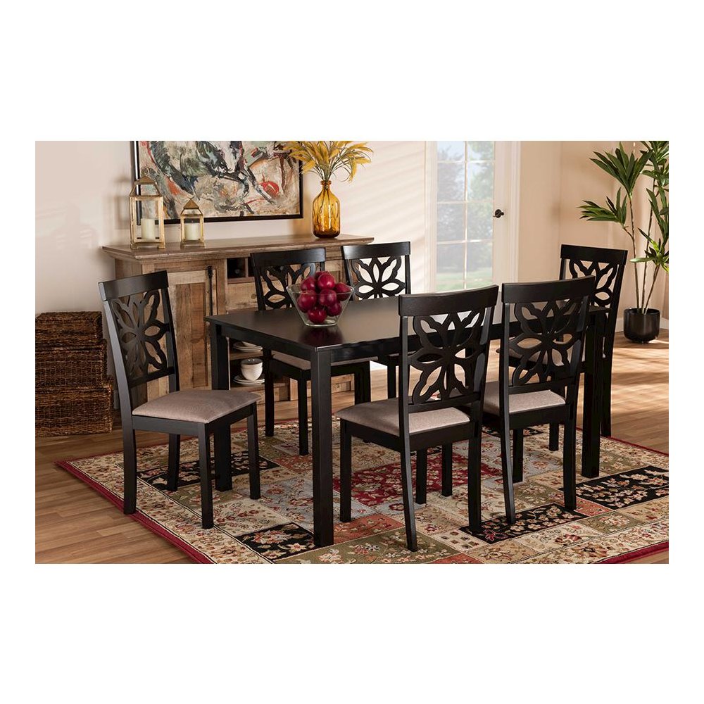 Sand Fabric Upholstered and Dark Brown Finished Wood 7-Piece Dining Set