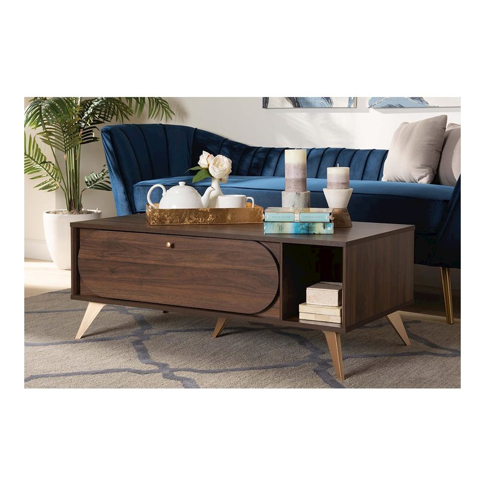 Edel Mid-Century Modern Walnut Brown and Gold Finished Wood Coffee Table
