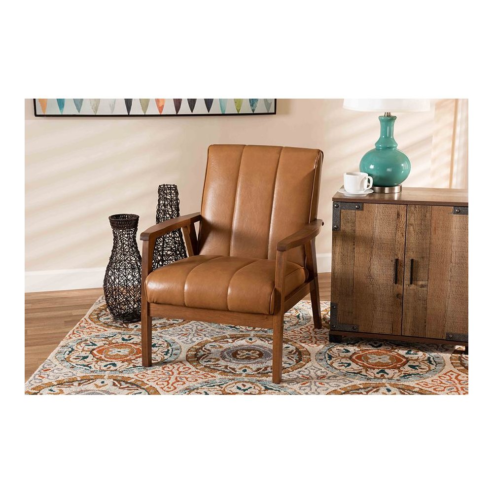 Leather Upholstered and Walnut Brown finished Wood Lounge Chair