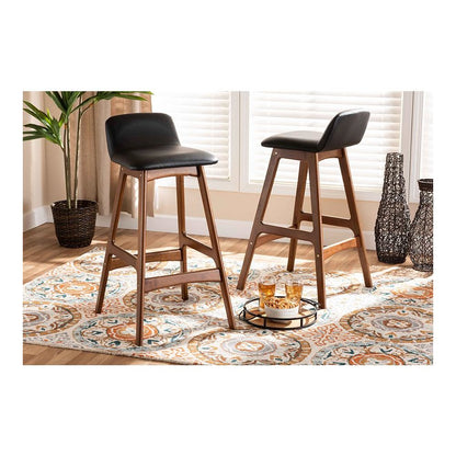 Leather Upholstered and Walnut Brown Finished Wood 2-Piece Bar Stool Set