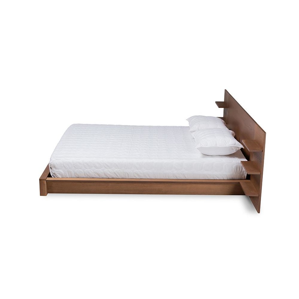 Walnut Brown Finished Wood King Size Platform Storage Bed with Shelves